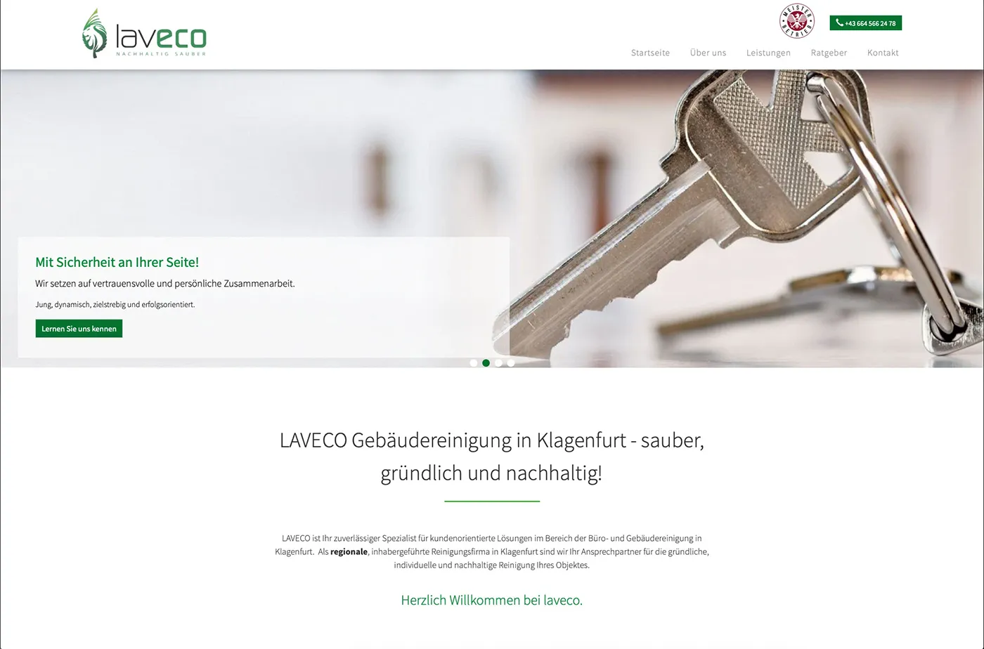 Desktop-Ansicht der Laveco-Website für Gebäudereinigung