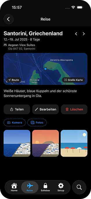 Wayfolio Reisedetails mit Fotos, Unterkunft und Notizen