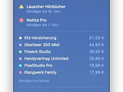 Abofolio in the Mac menu bar with monthly costs and upcoming deadlines