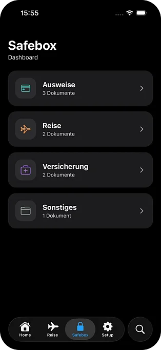 Wayfolio Safebox mit Reisedokumenten, geschützt per Face ID