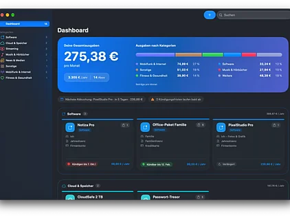Abofolio dashboard with monthly costs and spending by category on Mac